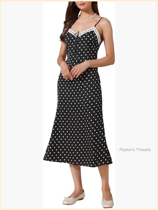 Dresses & Skirts - Sleeveless V Neck Polka Dot Midi Dress with Lace Trim